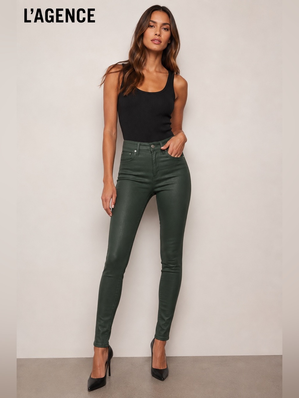 L'AGENCE High-Rise Skinny Coated Pants in Forest Green - size 27